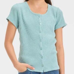 Girls Size XL 14 Art Class Short Sleeve Button-Front Textured Top - Teal Green